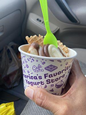 Vanilla and chocolate in a waffle bowl.