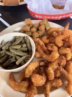 Shrimp platter with okra and green beans