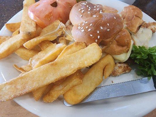 Chicken Bacon Swiss Sandwich and Fries