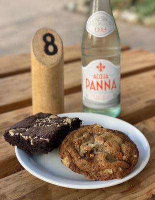 Tahini Chocolate Brownie ($4), Brown Butter Toffee Chip Cookie ($4), Panna Water ($4)