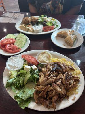 Chicken Shawarma Platter, Falafel Platter, Baklawa,