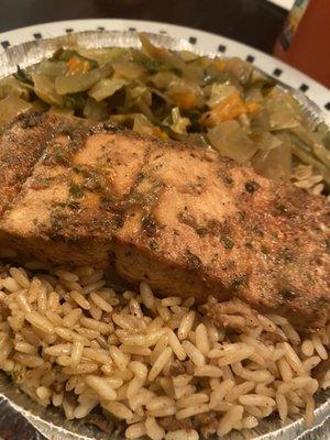 Salmon bowl, dirty rice, cabbage