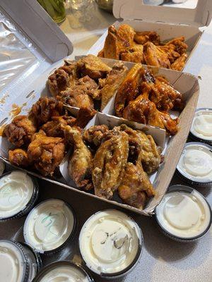 Buffalo Ranch wings, Lemon Pepper (Dry Seasoning), Parm Garlic, Asian Zing, Chipotle BBQ (Dry Seasoning) w bleu cheese & ranch dressing