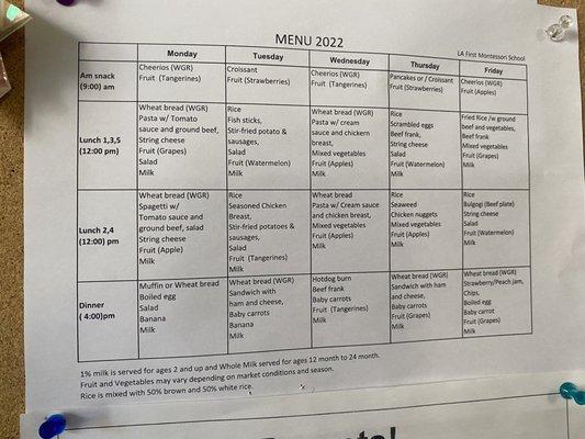 Menu (meals are included with tuition)