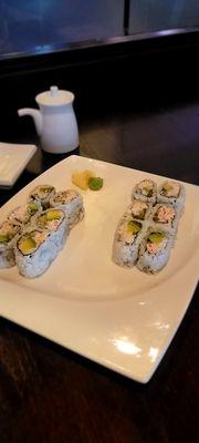 Lunch special: (left to right)  snow crab roll and crunchy roll