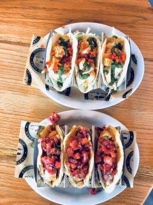 Top: Shrimp & Grits Tacos, Bottom: Chicken & Pancake Tacos