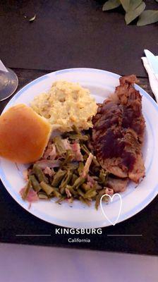 Brisket, green beans, potato salad and what's bbq without a dinner roll.