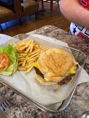 Cheeseburger and French fries.