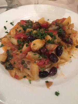 Cod filet Missesene - sautéed w, mini potatoes, caper and black olives.  Huge portion and delish!