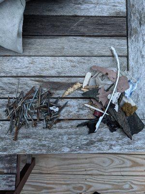 About half of the rusty nails collected on our back deck, left there after roof install. Additional debris and trash collected from them