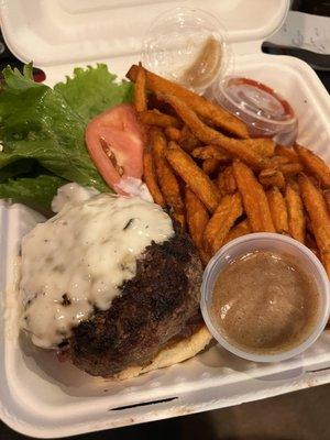 Della Reese burger sweet potato fries