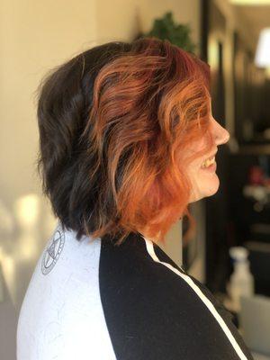 Refined quarantine haircut, added depth and richness back into her brunette color, and added a bright fun moneypiece! By Charity Curry