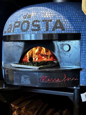 The Crackling Fire inside the Oven @ da LaPosta in Newton MA. The Margherita Voted The Best Pizza in Boston @ 2023 Boston Pizza Festival