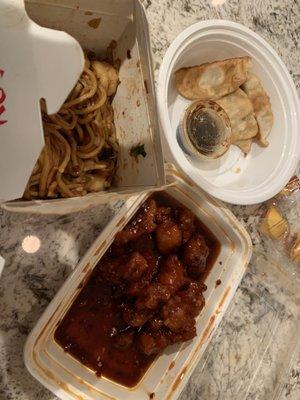 Lo Mein, Pan Fried Dumplings and General Tso's Chicken