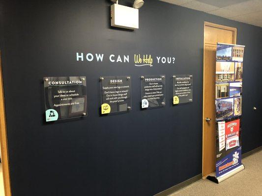 Interior office display with acrylic signage