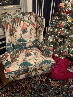 Wingback with new fabric (42-inch repeat!) and a re-stuffed seat cushion!