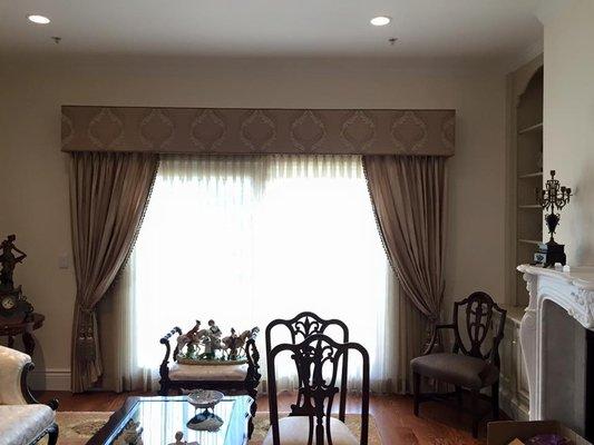 Cornice box with drapes and sheers