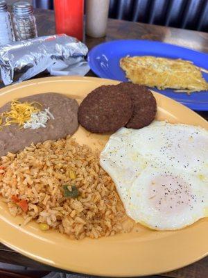 Sausage & eggs, side of hash browns,flour tortillas. (must ask for them to be cooked separately, normally comes scrambled)