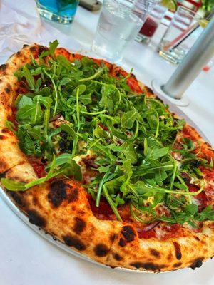 Pizza with Broccolini, Ricotta, Onion, Pepperoni, Arugula & Garlic