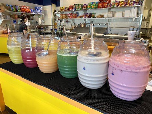 A variety of agua frescas and horchatas.