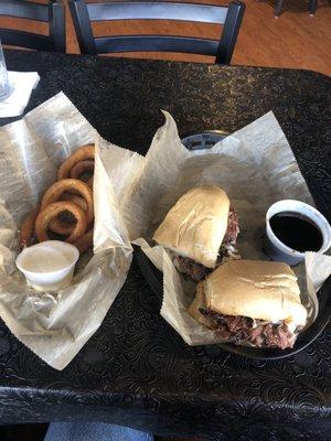 Brisket dip and hand cut onion rings