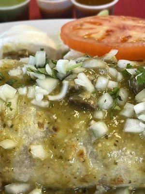 Close up on the salsa verde burrito