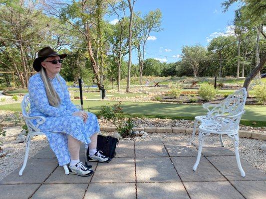 Seating to take a break by the Rose Garden (memorial to Rosy the Riveter!)