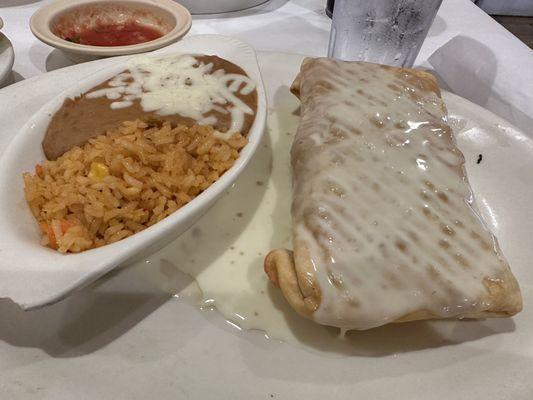 Steak chimichanga with rice and beans