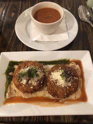 Crab cakes and tomato bisque.