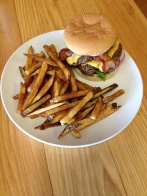 Hand pattied Bacon Double Cheese Burger, with hand-cut French fries!