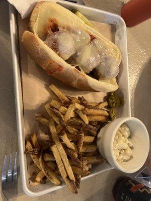 Meatball hoagie , fresh fries and Mac and cheese