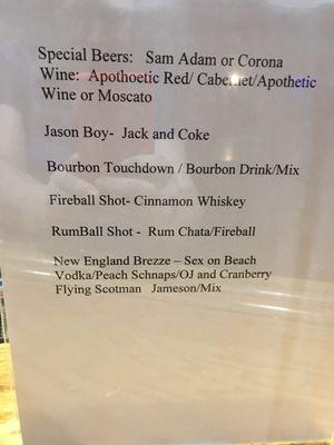 Menu for special drinks mixed based on my husband's favorites: place, sports and drinks!