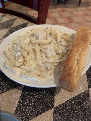 Chicken Alfredo Cubed Frozen grilled chicken strips from the freezer aisle. Not worth your time and money.