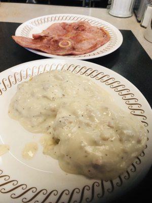 Sausage and gravy biscuit with country ham at 5 am.