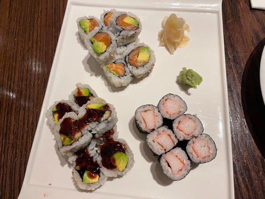 Salmon Avocado Roll, Eel Avocado Roll, and Crab Roll