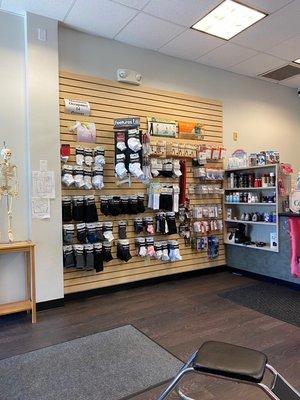 Wall displays optional socks and compression stockings.