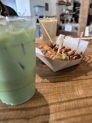 16oz Ice Matcha, chocolate sprinkle donuts, fruity pebble cereal donuts, 16oz Cuban