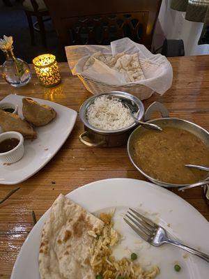 Samosas naan and lentil curry