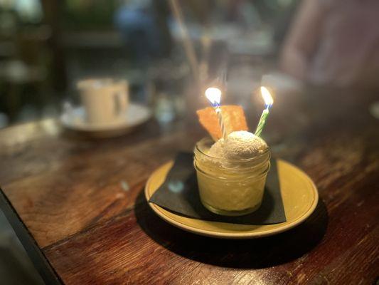 Special anniversary treat! Pudding with rosemary shortbread cookie. (The cookie was amazing!!)