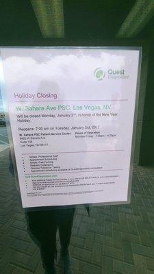 Notification of new year closures Quest labs sahara  Tuesday December 27, 2022