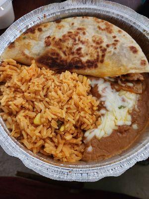 Lunch Chicken Quesadilla with rice and refried beans