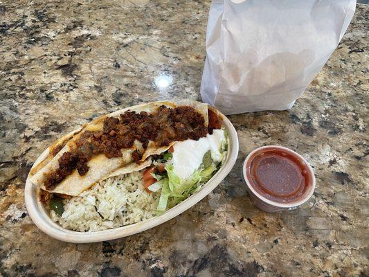 Spicy Burrito (steak), chips and salsa to go