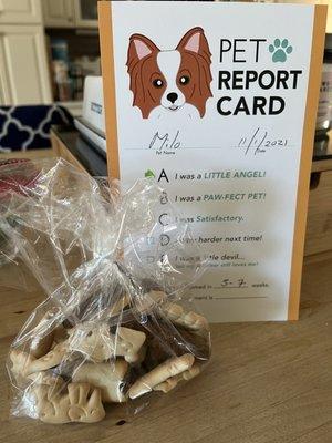 Pup treat bag and report card