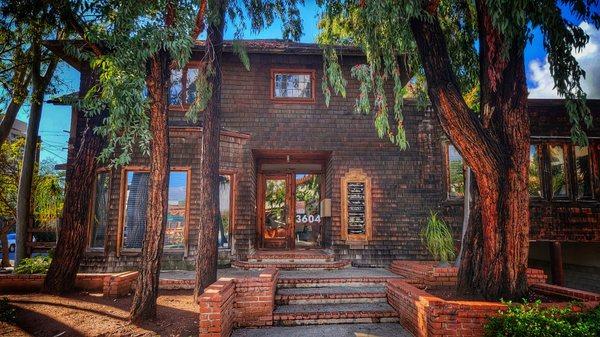 Eucalyptus grove and clinic facade.