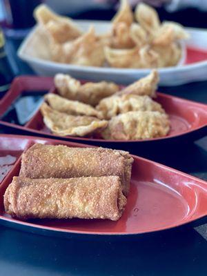 Egg Rolls, cream cheese Crab Rangoon and Potstickers