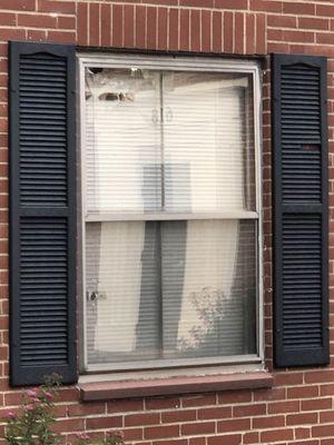 Those blinds aren't intentionally broken. Bullets went through the window.