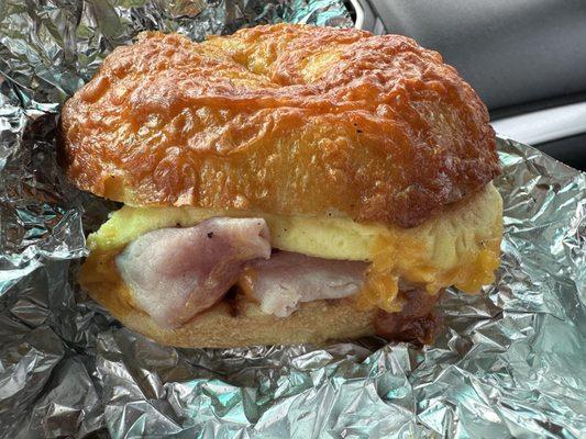 Ham, egg and cheese on Asiago croissant