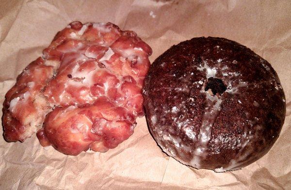 Apple fritter and honey-dipped chocolate cake, both delicious.