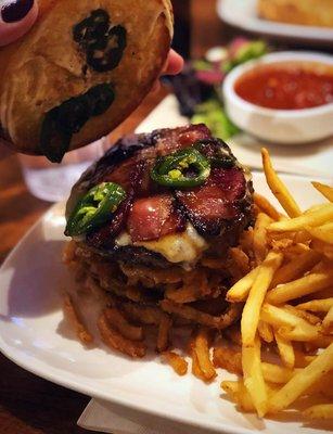 Inside of the jalapeño and bacon burger