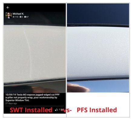 A real comparison of "Superior Window Tint-Tracy, CA" vs "Protective Film Solutions" on the same Tesla Model 3.